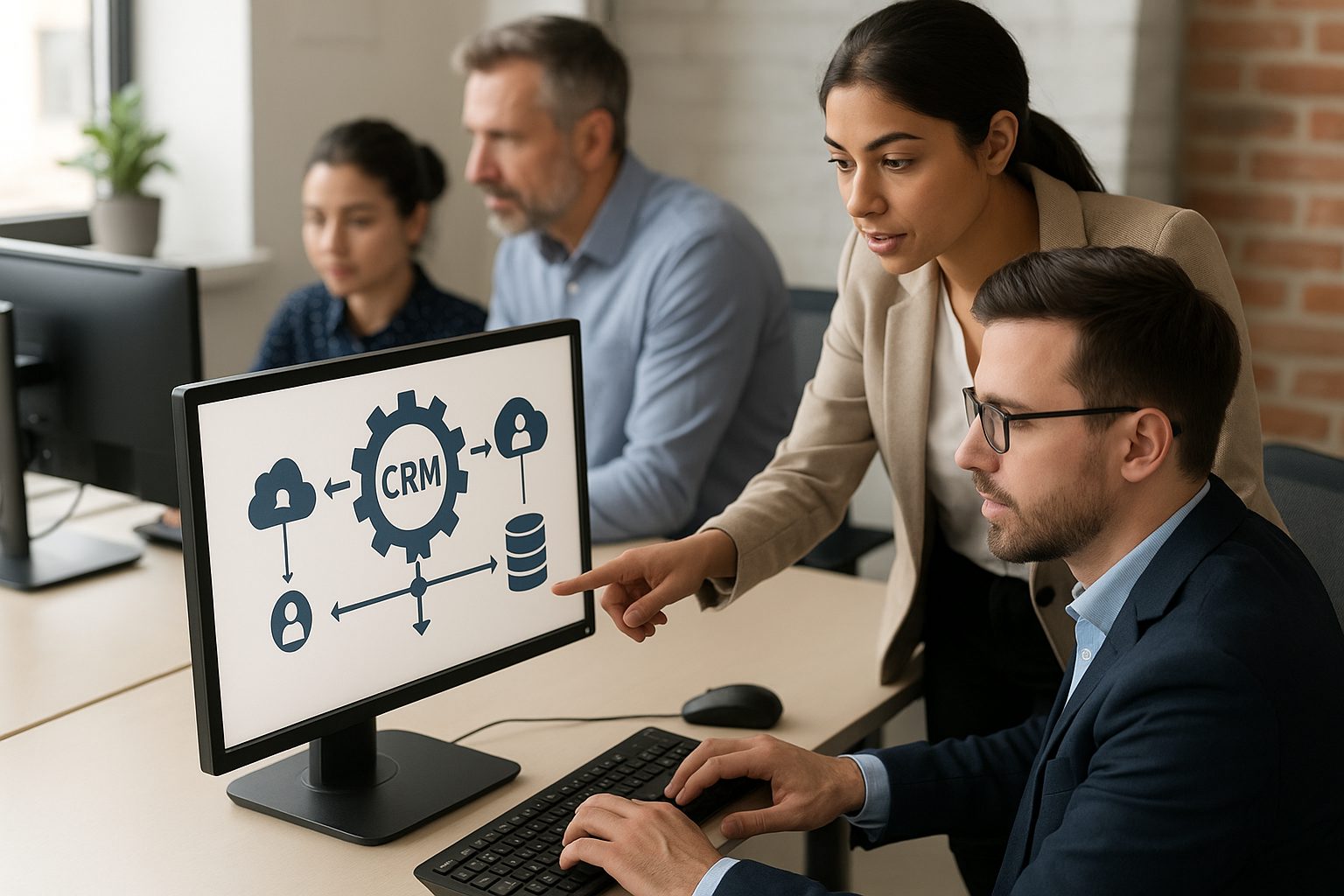 צוות עסקי מקים ומשלב מערכת CRM במחשבים